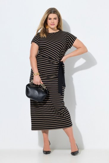 Ulla Popken 848921 Vestido de jersey de rayas con cinturón anudado Negro - Vestidos maxi - Vestidos largos en tallas grandes