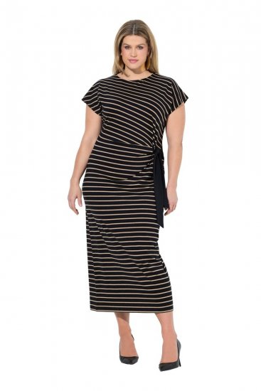 Ulla Popken 848921 Vestido de jersey de rayas con cinturón anudado Negro - Vestidos maxi - Vestidos largos en tallas grandes