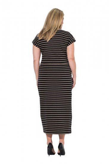 Ulla Popken 848921 Vestido de jersey de rayas con cinturón anudado Negro - Vestidos maxi - Vestidos largos en tallas grandes