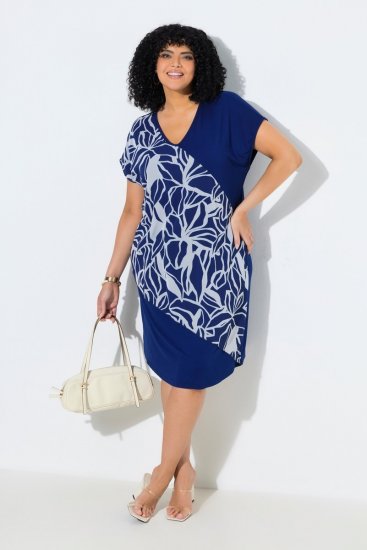 Ulla Popken 849033 Vestido de gasa de manga corta con cuello de pico Azul marino - Vestidos - Vestidos para todas las tallas