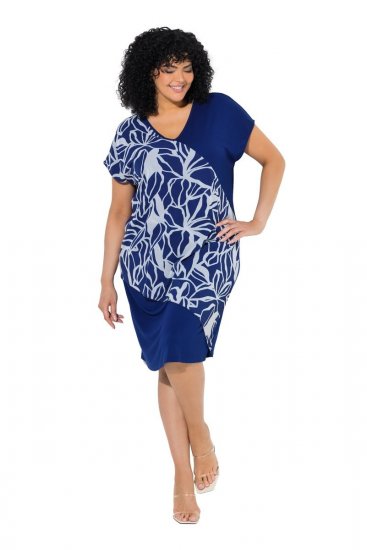 Ulla Popken 849033 Vestido de gasa de manga corta con cuello de pico Azul marino - Vestidos - Vestidos para todas las tallas