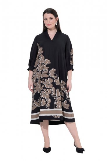 Ulla Popken 849423 Vestido de flores con manga 3/4 Negro - Vestidos maxi - Vestidos largos en tallas grandes