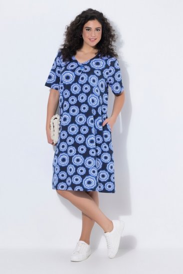 Ulla Popken 850121 Vestido de jersey de manga corta con cuello de pico Azul - Vestidos de punto jersey - 