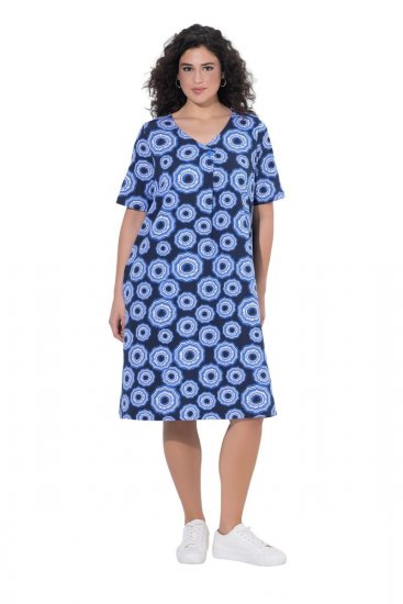 Ulla Popken 850121 Vestido de jersey de manga corta con cuello de pico Azul - Vestidos de punto jersey - 