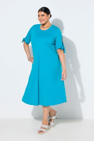 Ulla Popken 850724 Vestido midi de manga corta con cinturón anudado Turquesa - Vestidos midi - Vestidos midi de talla grande