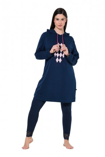 Ulla Popken 851749 Vestido de estar en casa de cuadros con capucha Azul marino - Pijamas/ropa de estar en casa - 