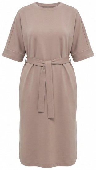 Ulla Popken 852288 Vestido midi de manga corta con cinturón anudado Marrón claro - Vestidos midi - Vestidos midi de talla grande