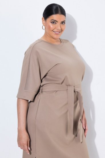Ulla Popken 852288 Vestido midi de manga corta con cinturón anudado Marrón claro - Vestidos midi - Vestidos midi de talla grande