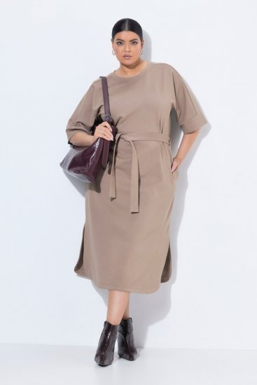Ulla Popken 852288 Vestido midi de manga corta con cinturón anudado Marrón claro - Vestidos midi - Vestidos midi de talla grande