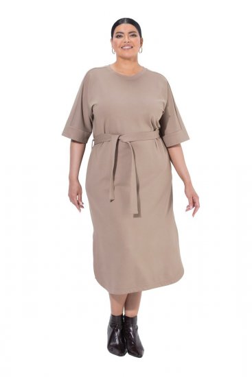 Ulla Popken 852288 Vestido midi de manga corta con cinturón anudado Marrón claro - Vestidos midi - Vestidos midi de talla grande