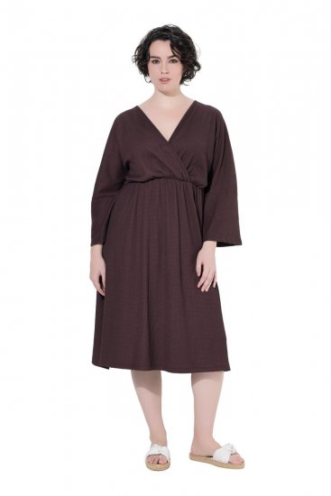 Ulla Popken 852307 Vestido cruzado de manga larga Marrón caoba - Vestidos midi - Vestidos midi de talla grande