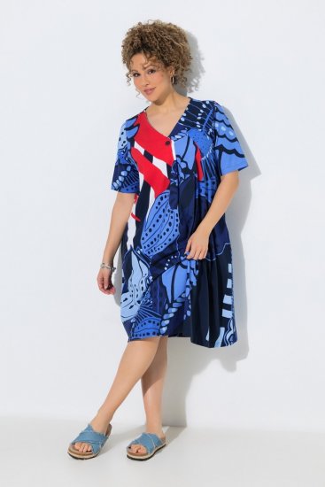 Ulla Popken 852394 Vestido midi de manga corta con cuello de pico Azul marino - Vestidos midi - Vestidos midi de talla grande