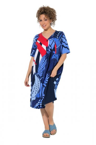 Ulla Popken 852394 Vestido midi de manga corta con cuello de pico Azul marino - Vestidos midi - Vestidos midi de talla grande