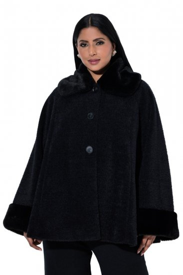 Ulla Popken 852644 Chaqueta capa con ribete de pelo sintético Negro - Ponchos y capas - 
