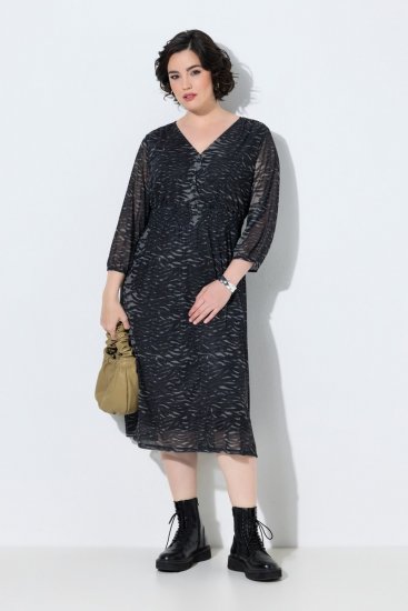 Ulla Popken 853620 Vestido midi con estampado animal y manga 3/4 Negro - Vestidos midi - Vestidos midi de talla grande