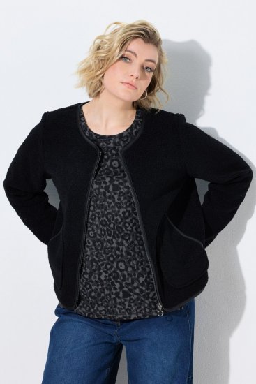 Ulla Popken 853685 Chaqueta corta de borreguito con ribetes efecto piel Negro - Chaquetas - Chaquetas para mujer en tallas grandes