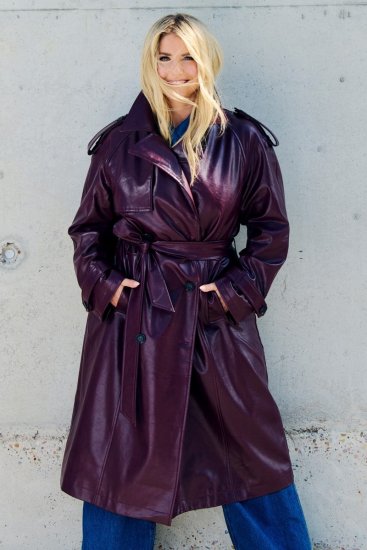 Ulla Popken 855617 Gabardina efecto piel con cinturón anudado Burdeos - Abrigos - Abrigos de talla grande