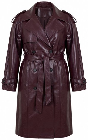 Ulla Popken 855617 Gabardina efecto piel con cinturón anudado Burdeos - Abrigos - Abrigos de talla grande