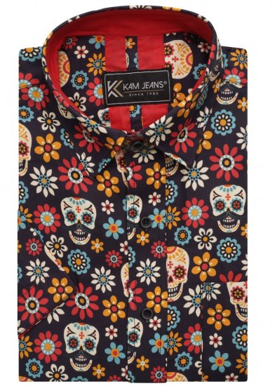 Kam Jeans 6040 Floral Skull Print Shirt Black - Camisas - Camisas 2XL-10XL