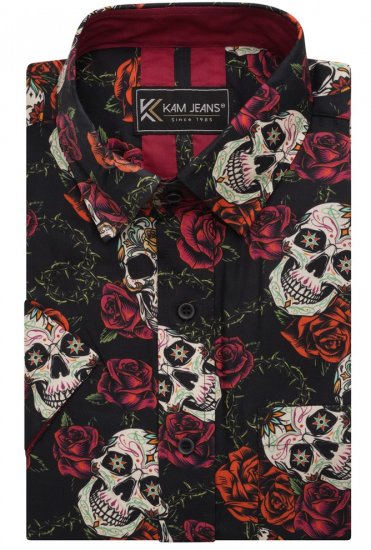 Kam Jeans 6042 Rose Skull Digital Print Shirt Black - Camisas - Camisas 2XL-10XL