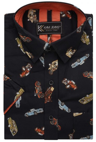 Kam Jeans 6046 Vintage Car Digital Print Shirt Black - Camisas - Camisas 2XL-10XL