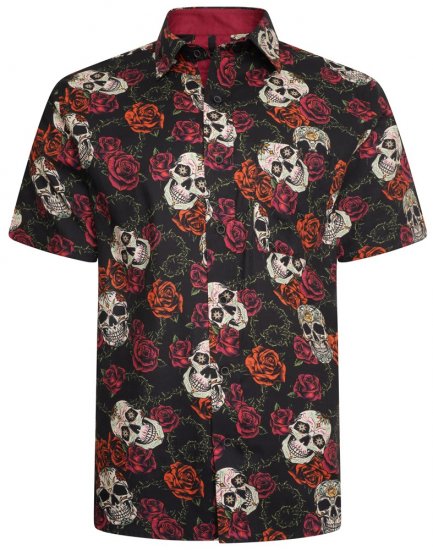 Kam Jeans 6042 Rose Skull Digital Print Shirt Black - Camisas - Camisas 2XL-10XL
