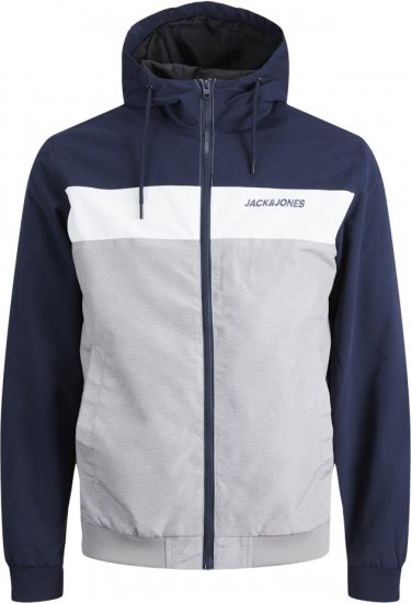 Jack & Jones RUSH White/Grey Blocking Bomber Jacket with Hood Navy Blazer - Chaquetas - Chaquetas Tallas Grandes 2XL-8XL