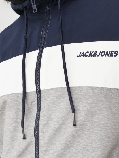 Jack & Jones RUSH White/Grey Blocking Bomber Jacket with Hood Navy Blazer - Chaquetas - Chaquetas Tallas Grandes 2XL-8XL