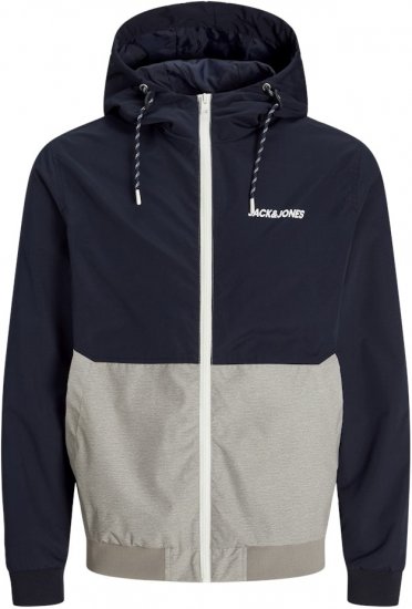 Jack & Jones RUSH White/Grey Blocking Bomber Jacket with Hood Dark Blue - Chaquetas - Chaquetas Tallas Grandes 2XL-8XL
