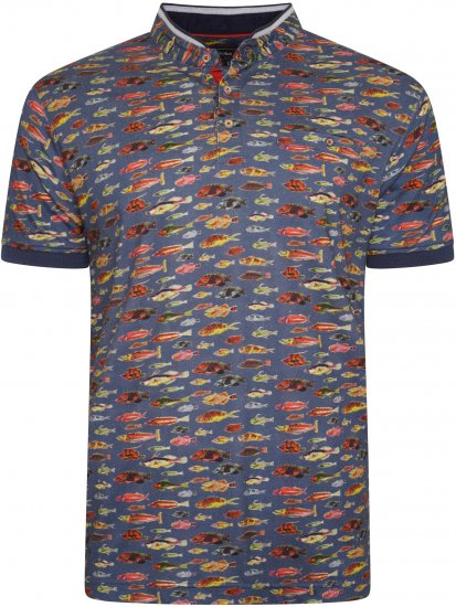 Kam Jeans 5743 Fish Print Jersey Grandad Top Indigo - Polos - Polos 2XL-8XL