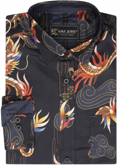 Kam Jeans 6057 LS Dragon Print Shirt Black - Camisas - Camisas 2XL-10XL