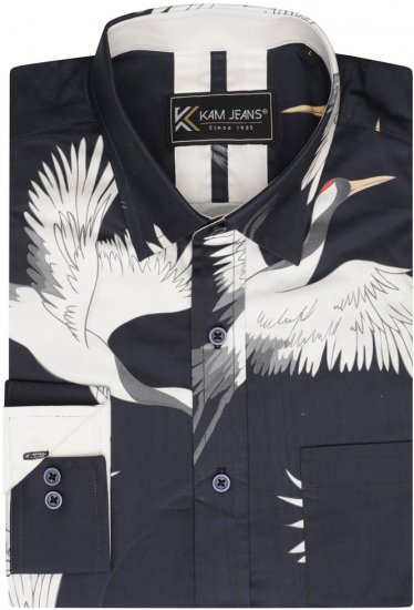 Kam Jeans 6059 LS Bird Print Shirt Navy - Camisas - Camisas 2XL-10XL