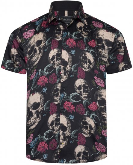 Kam Jean 6074 Camisa de Manga Corta con Estampado de Calavera Negro - Camisas - Camisas 2XL-10XL