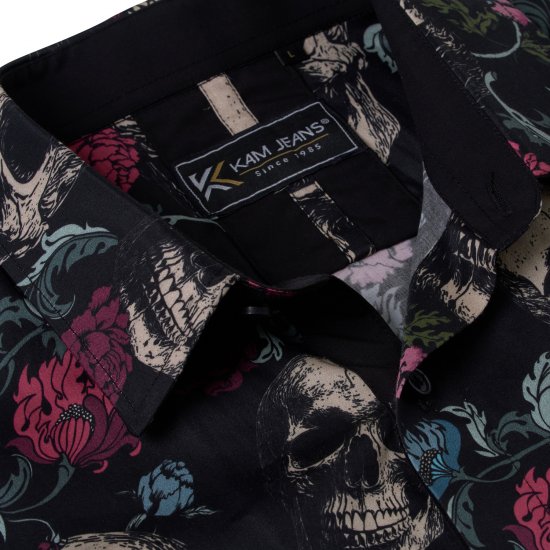 Kam Jean 6074 Camisa de Manga Corta con Estampado de Calavera Negro - Camisas - Camisas 2XL-10XL