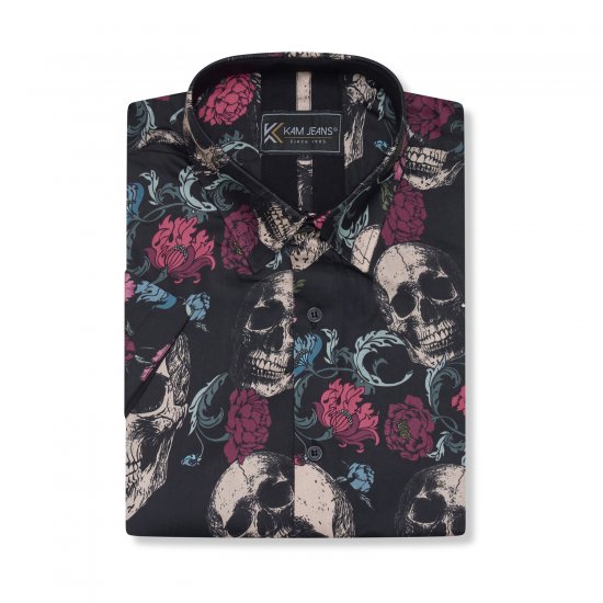 Kam Jean 6074 Camisa de Manga Corta con Estampado de Calavera Negro - Camisas - Camisas 2XL-10XL