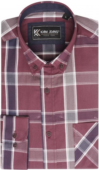 Kam Jeans P038 LS Premium Cotton Check Shirt Wine - Camisas - Camisas 2XL-10XL