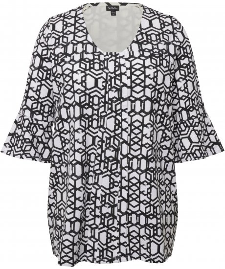 Ulla Popken Geometric Print Trumpet Sleeve Tee Black - Camisetas estampadas para mujer - 