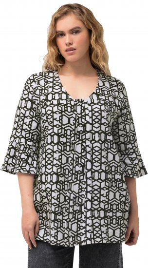 Ulla Popken Geometric Print Trumpet Sleeve Tee Black - Camisetas estampadas para mujer - 