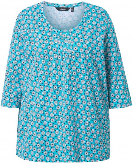 Ulla Popken Flower Print 3/4 Sleeve A-Line Tee Deep Aqua - Camisetas estampadas para mujer - 