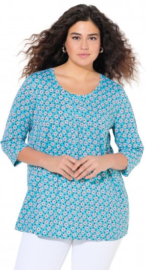 Ulla Popken Flower Print 3/4 Sleeve A-Line Tee Deep Aqua - Camisetas estampadas para mujer - 