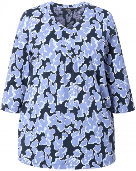 Ulla Popken Floral Print 3/4 Sleeve V-Neck Tee Navy Blue - Camisetas estampadas para mujer - 