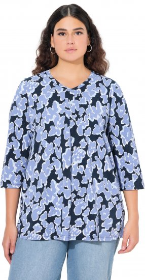 Ulla Popken Floral Print 3/4 Sleeve V-Neck Tee Navy Blue - Camisetas estampadas para mujer - 