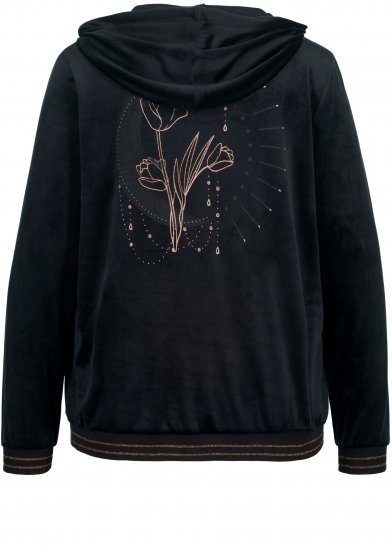 Ulla Popken Tulip Line Print Velour Zip Hoodie Black - Sudaderas y hoodies - 