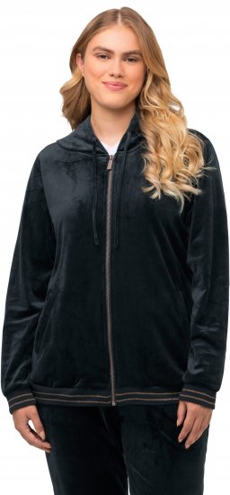 Ulla Popken Tulip Line Print Velour Zip Hoodie Black - Sudaderas y hoodies - 