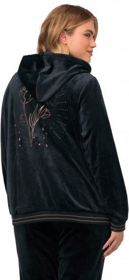 Ulla Popken Tulip Line Print Velour Zip Hoodie Black - Sudaderas y hoodies - 