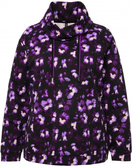 Ulla Popken Floral Print Drawstring Collar Hoodie Black - Sudaderas y hoodies - 