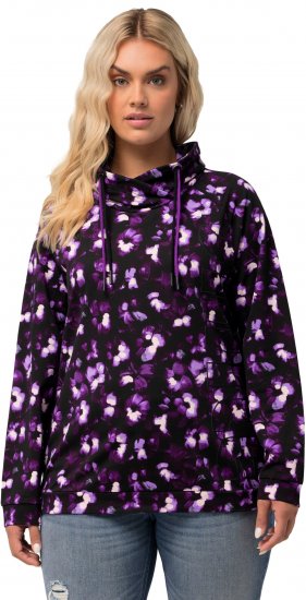 Ulla Popken Floral Print Drawstring Collar Hoodie Black - Sudaderas y hoodies - 