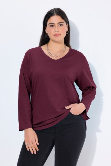 Ulla Popken Back To Basics V-Neck Relaxed Fit Cotton Tee Dark Berry - Camisetas - Camisetas para mujer