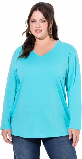 Ulla Popken Back To Basics V-Neck Relaxed Fit Cotton Tee Deep Aqua - Camisetas - 
