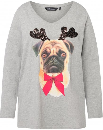 Ulla Popken Holiday Pup Sequin Accent A-line Fit Tee Light Grey Melange - Camisetas estampadas para mujer - 